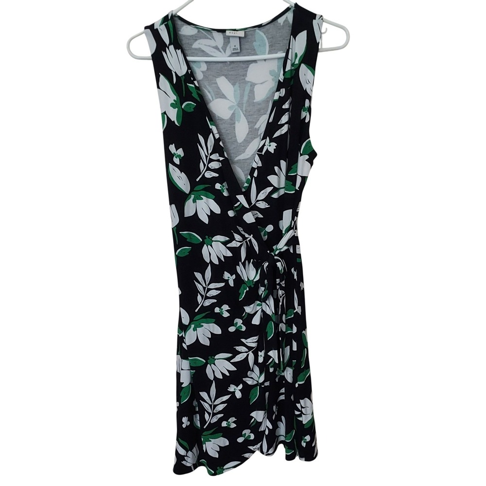 Black Floral Faux Wrap Sleeveless Mini Dress Tropical Botanical Jersey Mod S